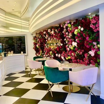 Cafe Sheera - Interior with flower wall and velvet seating - Cafes Near Me - Beverly Hills, California Cafe Sheera - Interior with flower wall and velvet seating - Cafes Near Me - Beverly Hills, California