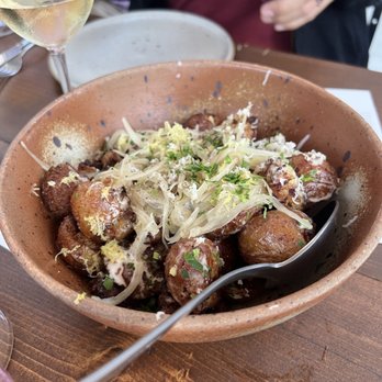 Manuela - Butterball Potatoes, Crème Fraiche, Pickled Onion, Shishito, Horseradish - New American Near Me - Los Angeles, California Manuela - Butterball Potatoes, Crème Fraiche, Pickled Onion, Shishito, Horseradish - New American Near Me - Los Angeles, California