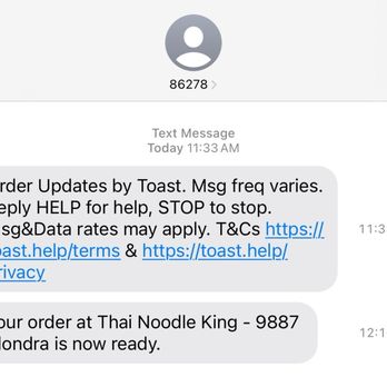 Thai Noodle King - my text confirmation of when the phone order was received and when it was ready. 25 minutes turned into 43. - Thai Near Me - Bellflower, California Thai Noodle King - my text confirmation of when the phone order was received and when it was ready. 25 minutes turned into 43. - Thai Near Me - Bellflower, California