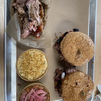 Hometown Bar-B-Que - Two brisket sandwiches, 1/2 pound of pork, beans with Queso Mac and Cheese. - Barbeque Near Me - Miami, Florida Hometown Bar-B-Que - Two brisket sandwiches, 1/2 pound of pork, beans with Queso Mac and Cheese. - Barbeque Near Me - Miami, Florida