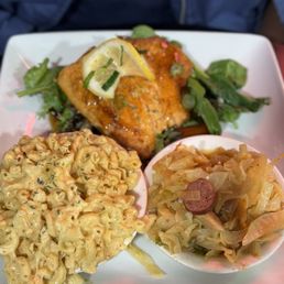 Honey Garlic Salmon  Fried Cabbage Baked Mac and Cheese