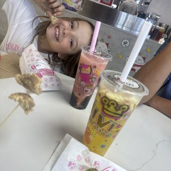 Vivi Bubble Tea - Popcorn chicken. Pistachio donut. Vivi Signature Fruit Tea. Strawberry slush with boba!!! Yum - Bubble Tea Near Me - Littleton, Colorado