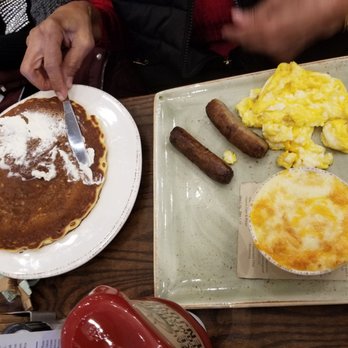 First Watch - MultiGrain Pancake, 2 pork sausage,  scrambled eggs, cheesey grits - Breakfast & Brunch Near Me - Abington, Pennsylvania