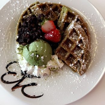 Green tea matcha ice cream Belgian waffle