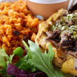 Coquito's Latin Cuisine Restaurant - Mofongo de carna (mashed fried plantains w/ garlic and bacon topped with flank steak, gandule rice and habichuelas)