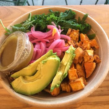 Honest Mary's - Build your own. Wild Arugula, Texas Sweet Potatoes, kale, chicken, avo, Pickled Onions (amaaaaazzzzing!!) & sesame vinaigrette - New American Near Me - Austin, Texas