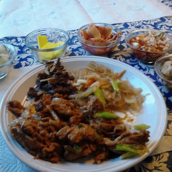 Kim's Kitchen - Korean Pork entree with noodles and vegetables. It also came with three Kimchi samples. - Korean Near Me - Center Valley, Pennsylvania