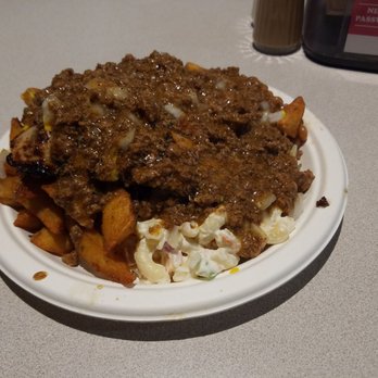 Charlie's Restaurant - Garbage plate with macaroni salad, home fries, hot sauce,, baked beans, and cinnamon - Seafood Near Me - Webster, New York Charlie's Restaurant - Garbage plate with macaroni salad, home fries, hot sauce,, baked beans, and cinnamon - Seafood Near Me - Webster, New York