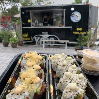 Yoso Sushi - Salmon tempura on the right spicy tuna on the left - Japanese Near Me - Miami, Florida Yoso Sushi - Salmon tempura on the right spicy tuna on the left - Japanese Near Me - Miami, Florida