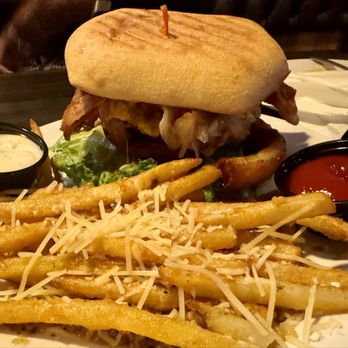 Fair Oaks Brew Pub - Risky Burger: Beef burger with bacon and onion rings & Garlic fries - American Near Me - Fair Oaks, California