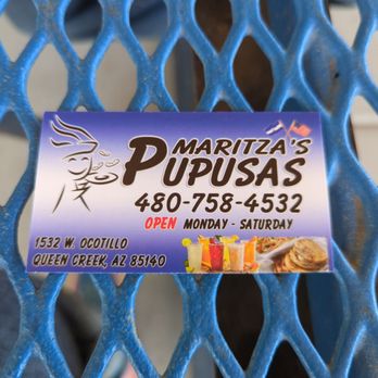 Maritza's Pupusas - Card on outdoor seating. - Salvadoran Near Me - Queen Creek, Arizona Maritza's Pupusas - Card on outdoor seating. - Salvadoran Near Me - Queen Creek, Arizona