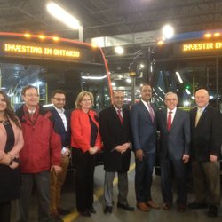 Mississauga Transit - Group shot in front of buses in the MiWay main parking garage during a press conference on Mar. 14, 2018.