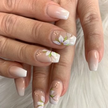 Ivy Nails & Spa - Natural nail color with white ombré look and exotic flower design - Nail Salons Near Me - Whittier, California