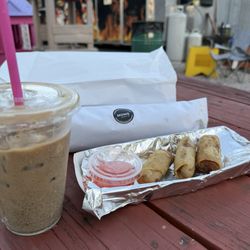 Egg rolls, vietnamese iced coffee, pork banh mi.