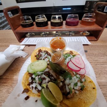 The Bruery - Tacos from the vendor and my second flight.... - Breweries Near Me - Placentia, California