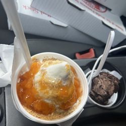 The Jolly Dipper - Peach Cobbler Sundae.  Chocolate Fudge Sundae.
