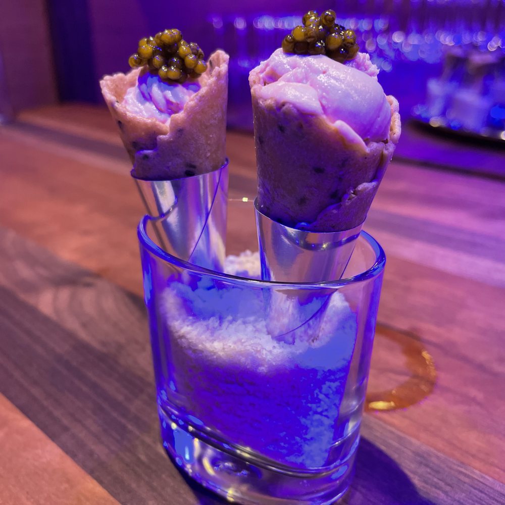 Eculent - Duck fois gras foam, sesame cone, caviar - New American Near Me - Kemah, Texas