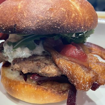 Brandywine Kitchen - Triple T burger; bacon, blue cheese and roasted beets. House made roll! - New American Near Me - Bellingham, Washington Brandywine Kitchen - Triple T burger; bacon, blue cheese and roasted beets. House made roll! - New American Near Me - Bellingham, Washington