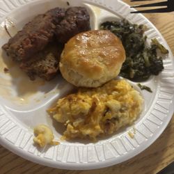 Big D’s House of BBQ - Smoked meat loaf, Mac & cheese, turnip greens, honey butter biscuit.