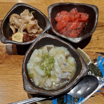 Toukei - Ume Kurage (pink), takowasa (wasabi, octopus), Tsubagai (soy braised snail) - Izakaya Near Me - Houston, Texas