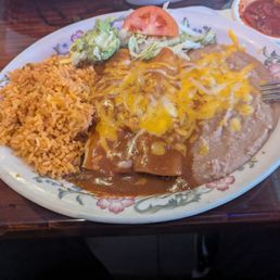 Today's special, 2 ground beef enchiladas with rice and beans and the guacamole from my friend's plate. Today's special, 2 ground beef enchiladas with rice and beans and the guacamole from my friend's plate.