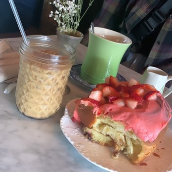 Clayton's Bakery & Bistro - Honey Cinnamon Latte and Strawberry Sticky Bun - Bakeries Near Me - Coronado, California Clayton's Bakery & Bistro - Honey Cinnamon Latte and Strawberry Sticky Bun - Bakeries Near Me - Coronado, California