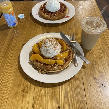 Copper Dog Cafe - Strawberry Rhubarb(back) Peach Cobbler (front) - Waffles Near Me - Mandan, North Dakota Copper Dog Cafe - Strawberry Rhubarb(back) Peach Cobbler (front) - Waffles Near Me - Mandan, North Dakota