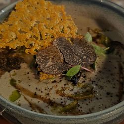 Elyse - First course - delicious creamy soup (celery root, truffle)