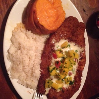 Cuban Pete's - Bahama Coconut Fish with tropical mango salsa, coconut rice and mango coconut yama ($14.95) - Cuban Near Me - Montclair, New Jersey