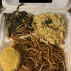 Soul Food Hut - Spaghetti, Mac and cheese, turnip greens and cornbread