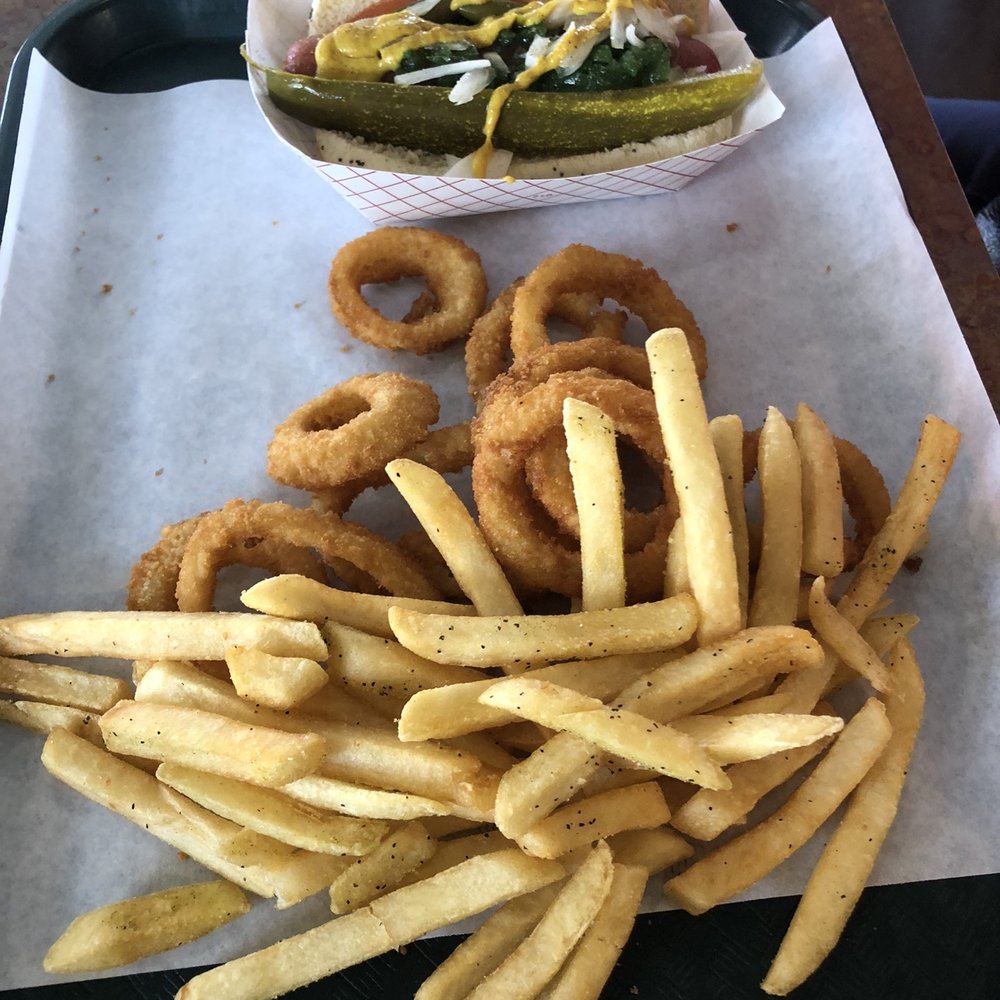 Tex's Star Grill - Dog with Fries & Onion Rings Combo - Burgers Near Me - Watauga, Texas