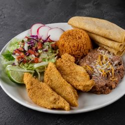 Fuego Cravings - Crispy battered fried fish served with fluffy rice, hearty beans, fresh salad, pico de gallo, and our homemade chipotle sauce.