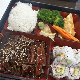 Honestly too much teriyaki sauce on a bed of so many onions, which seemed unnecessary. And I would have preferred fried rice over plain. Honestly too much teriyaki sauce on a bed of so many onions, which seemed unnecessary. And I would have preferred fried rice over plain.