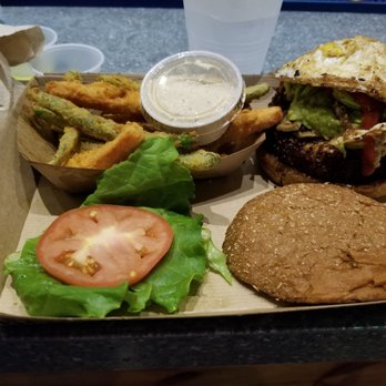 Twisted Root Burger - Vegabond with a fried egg and mushrooms, and fried beans and carrots - Burgers Near Me - Waco, Texas Twisted Root Burger - Vegabond with a fried egg and mushrooms, and fried beans and carrots - Burgers Near Me - Waco, Texas
