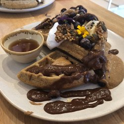Buckwheat waffles with peanut butter and blackcurrants