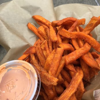 Photo of CreativEats - Hawthorne, CA, United States. Sweet potatoes with pink mayonnaise