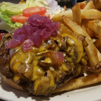 Train Wreck Bar - Trainwreck Burger w/ sautéed mushrooms and grilled onions - Sports Bars Near Me - Burlington, Washington Train Wreck Bar - Trainwreck Burger w/ sautéed mushrooms and grilled onions - Sports Bars Near Me - Burlington, Washington