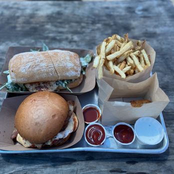 The Barn - Cheeseburger and organic chicken sandwich with fries and one piece of Mac attack - Burgers Near Me - Half Moon Bay, California The Barn - Cheeseburger and organic chicken sandwich with fries and one piece of Mac attack - Burgers Near Me - Half Moon Bay, California