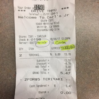 Carl's Jr - Horrible employees! Need to fire Marcela and Carlos!!! - Fast Food Near Me - Whittier, California
