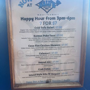 Nalu's South Shore Grill - Happy Hour Menu 2/24/26 - Hawaiian Near Me - Kihei, Hawaii