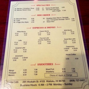 Vanta Cafe - The drinks, smoothies, & ramen / mandoo menu........... - Breakfast & Brunch Near Me - Wailuku, Hawaii