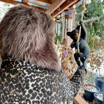 Idyllwild Gardens - a woman looking at a black bear - Nurseries & Gardening Near Me - Idyllwild, California Idyllwild Gardens - a woman looking at a black bear - Nurseries & Gardening Near Me - Idyllwild, California