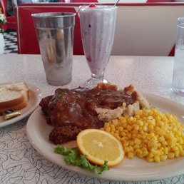 Meatloaf Blue Plate Special and a blueberry shake Meatloaf Blue Plate Special and a blueberry shake