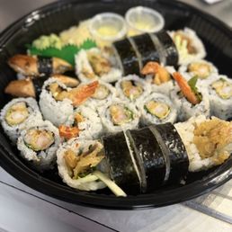 Softshell crab roll, shrimp tempura roll, and fresh water eel nigiri