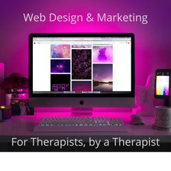 Therapy with Valerie - Computer and iPhone with website images. Text reads: Web Design & Marketing For Therapists, by a Therapist
