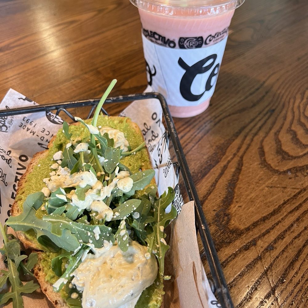 Greens and Goat Cheese Avocado Toast and Pink Panther Smoothie