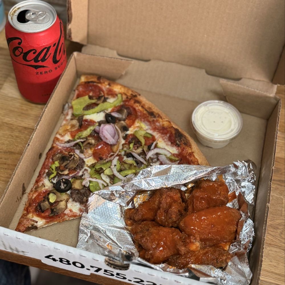Clockwork Pizza - #3 lunch special the Godfather slice, hot wings, and drink - Pizza Near Me - Tempe, Arizona