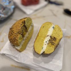 NYC Bagel and Deli - Egg everything bagel with scallion cream cheese
