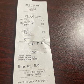 Mr. Pizza Man - Receipt for our order - Pizza Near Me - Daly City, California
