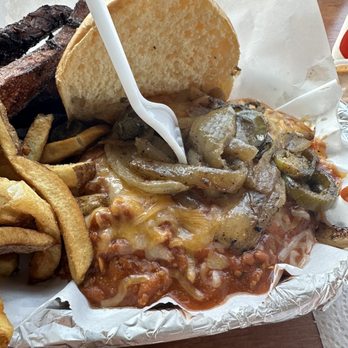 Gabby's Burgers - Chili Burger with grilled onions and jalapeños added. Also, half & half fries. Delicious and filling. - Burgers Near Me - Nashville, Tennessee Gabby's Burgers - Chili Burger with grilled onions and jalapeños added. Also, half & half fries. Delicious and filling. - Burgers Near Me - Nashville, Tennessee